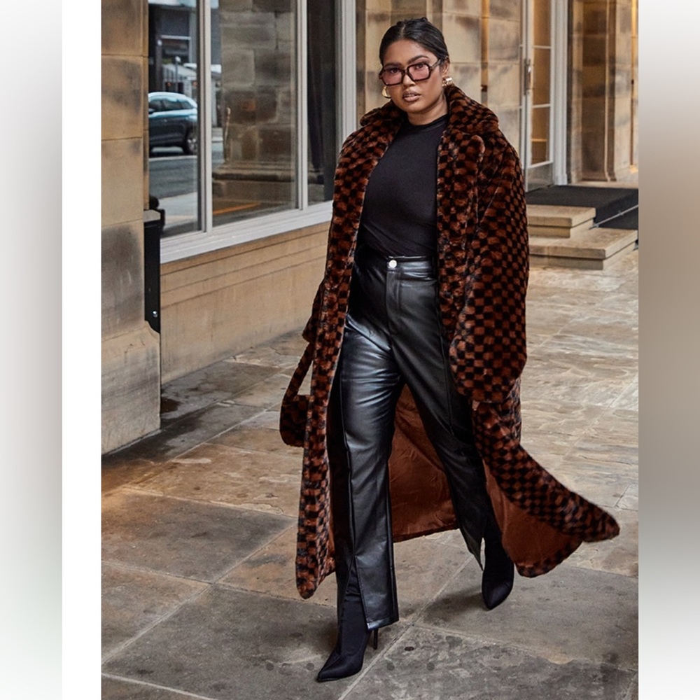NWOT! Brown check print faux fur midi coat. Super Soft fur! Extremely warm!
